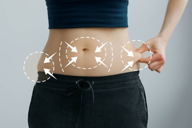 Woman measuring her abdomen for extended tummy tuck surgery.